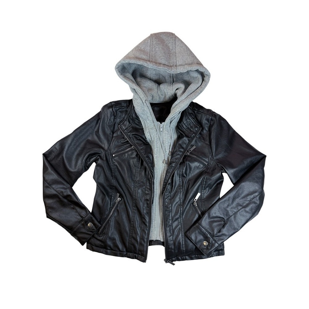 L2 Moto Jacket Women Small Black Faux Leather Hooded Faux Fur Lined Layered